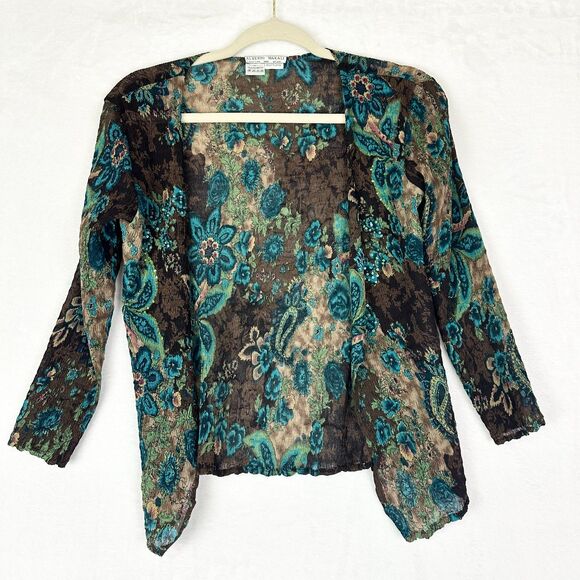 Vintage Y2K Alberto Makali Crinkle Cardigan Size Small Sequins Metallic Floral - Picture 1 of 6